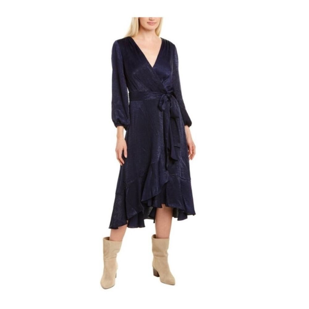 Gal Meets Glam Jennifer Navy Midi Satin Ruffle Wrap Hi Low Dress Size 2 - Picture 3 of 11